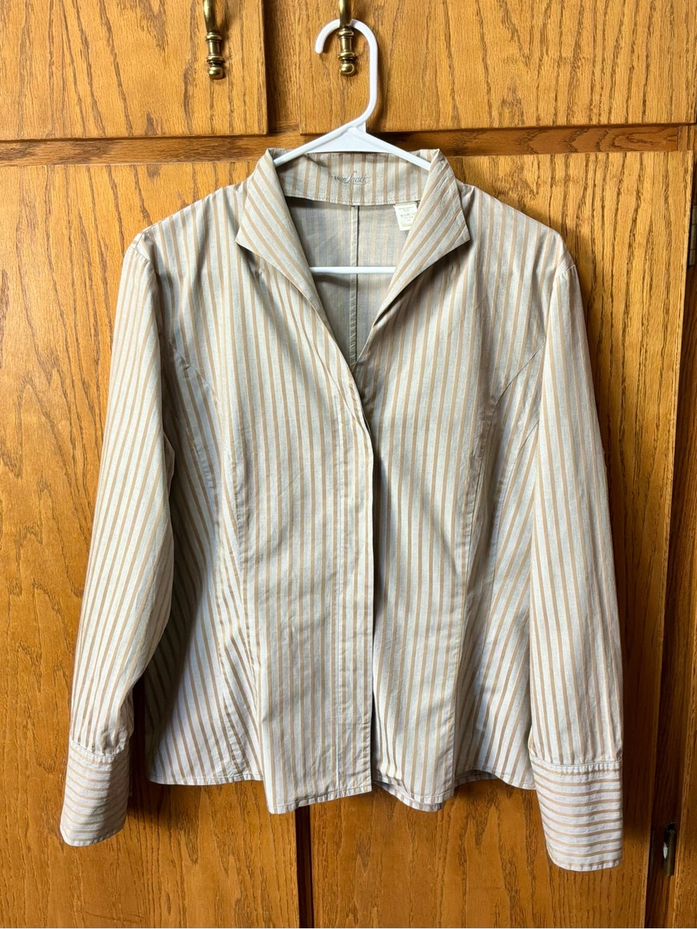 Van Laack Beige Grey Striped Cotton Button-Up Blouse Size 44 XL
